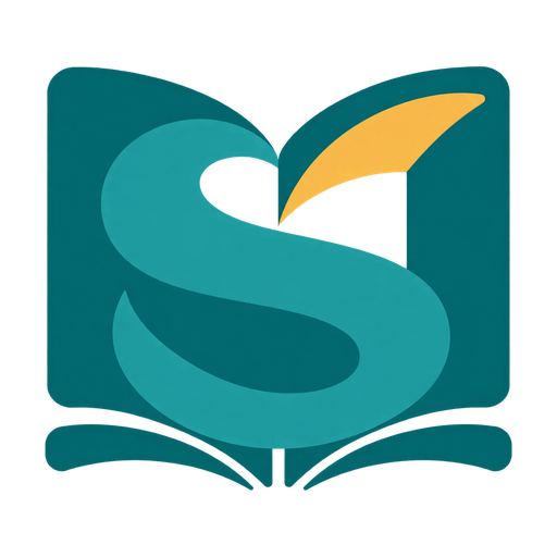 Swotty mark: an open book with a large S formed by its pages, in teal with a gold tail
